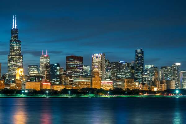 Photo of Chicago City Skyline at night.