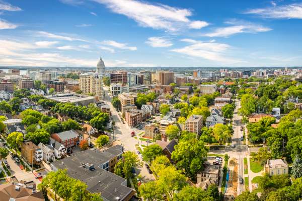 Photo of Madison Wisconsin Skyline showcasing the city capital and surrounding neighborhoods.